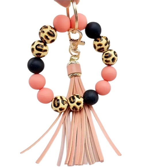 Accessories - Peach Leopard Print Beaded Tassel Wristlet Keychain